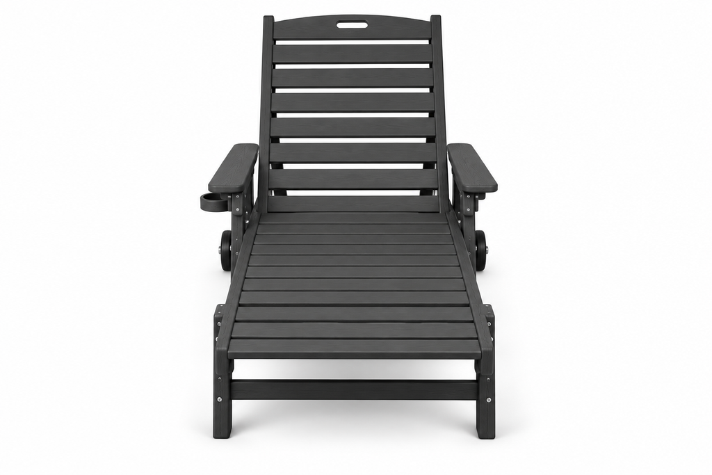 HDPE Chaise Lounge with Wheels and Cup Holder, Black, front view on white