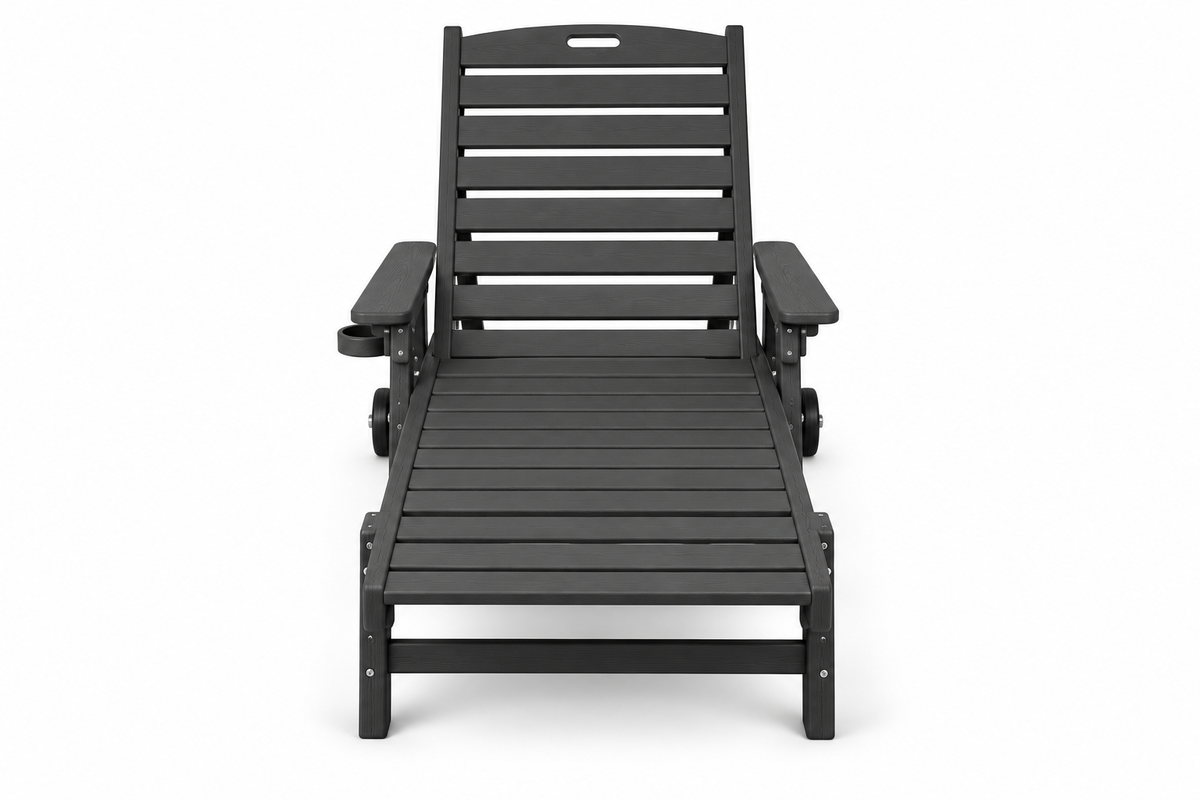HDPE Chaise Lounge with Wheels and Cup Holder, Black, front view on white