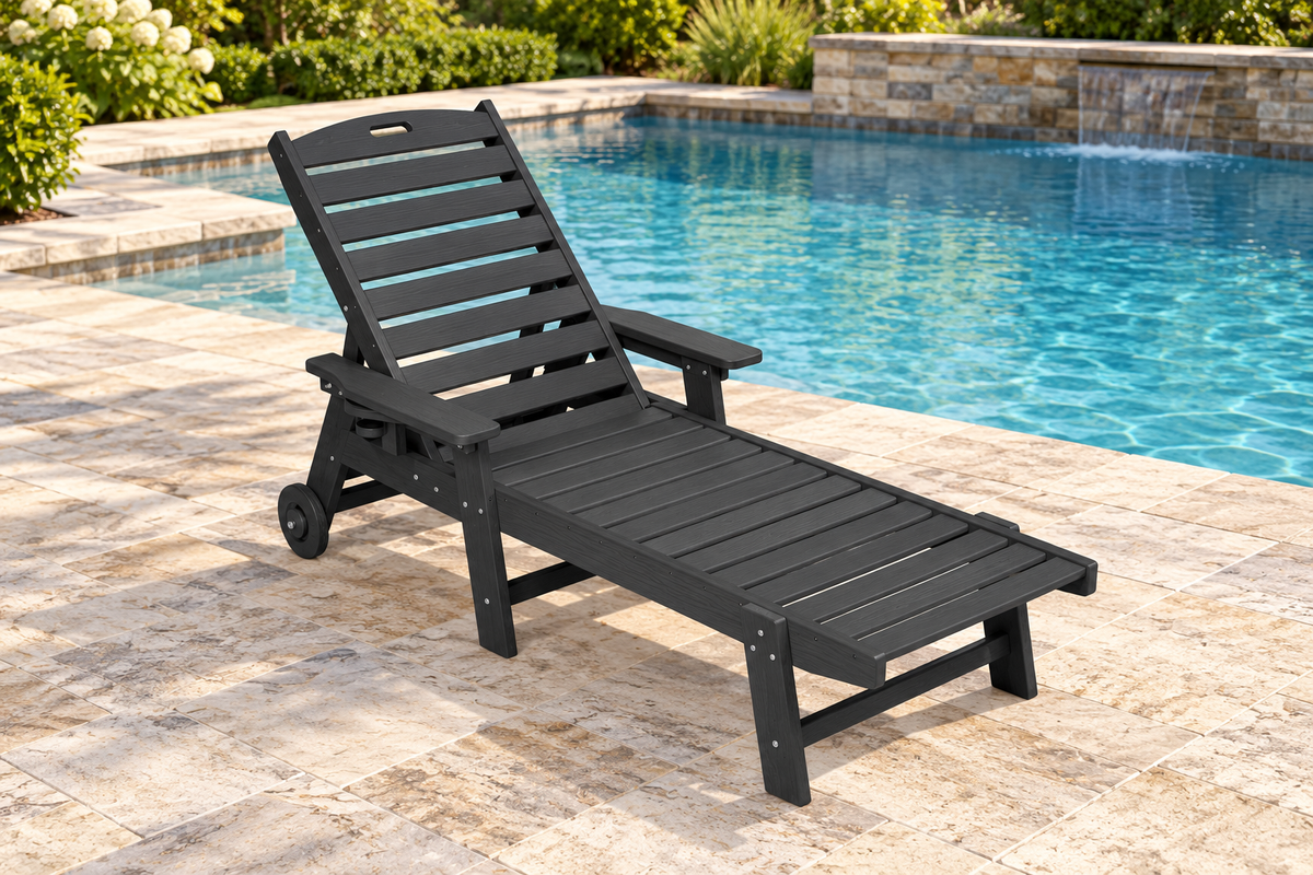 HDPE Chaise Lounge with Wheels and Cup Holder, Black, on a poolside stone terrace