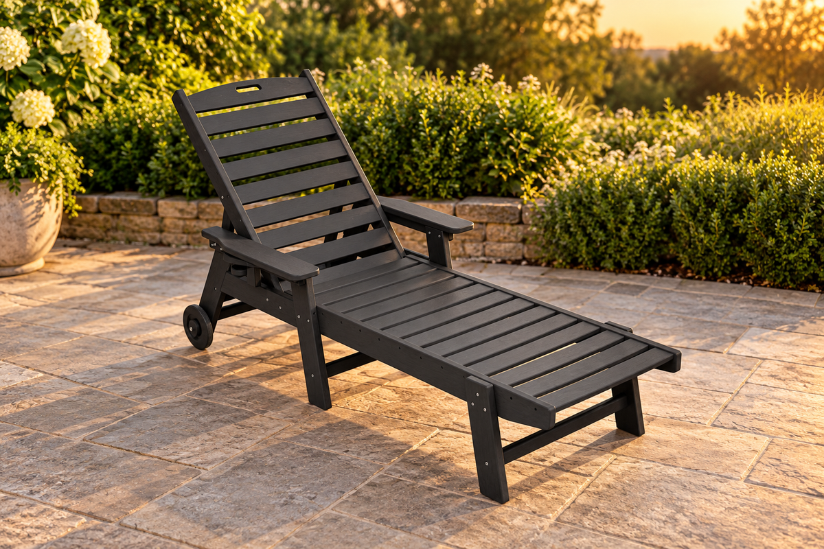 HDPE Chaise Lounge with Wheels and Cup Holder, Black, on a garden patio