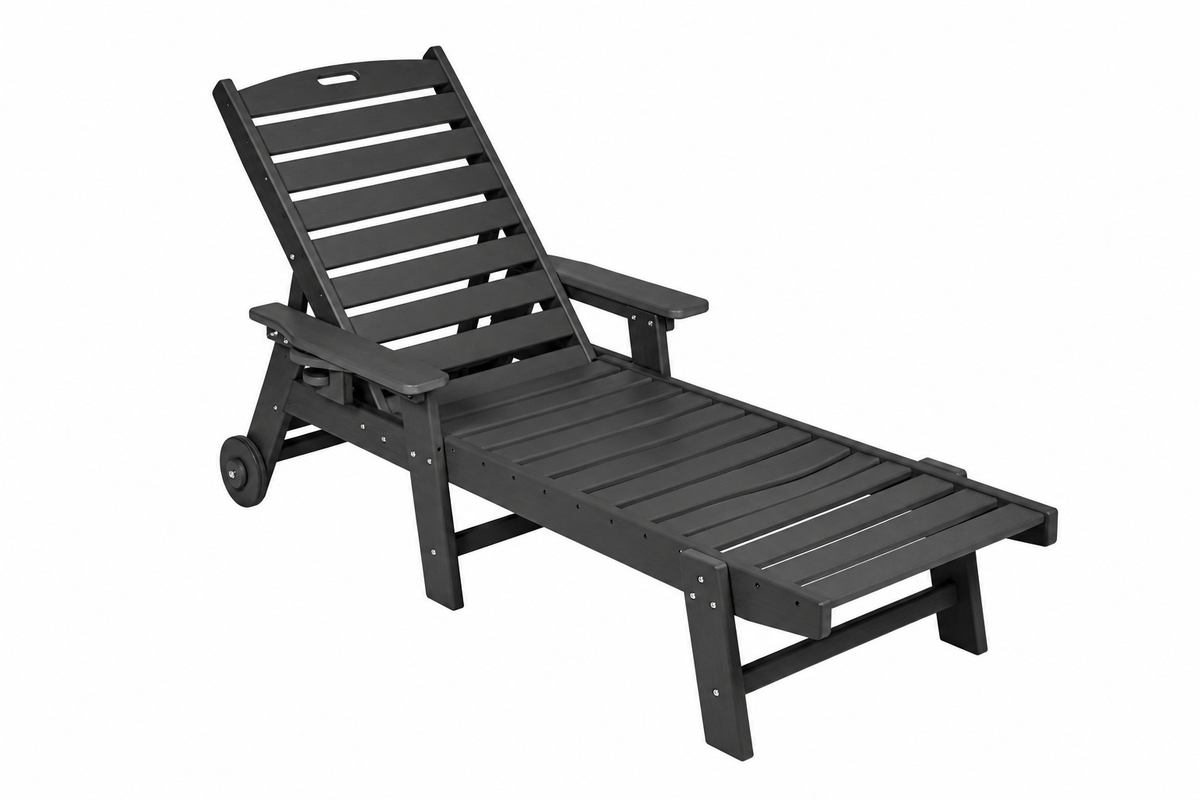 HDPE Chaise Lounge with Wheels and Cup Holder, Black, left-front view on white