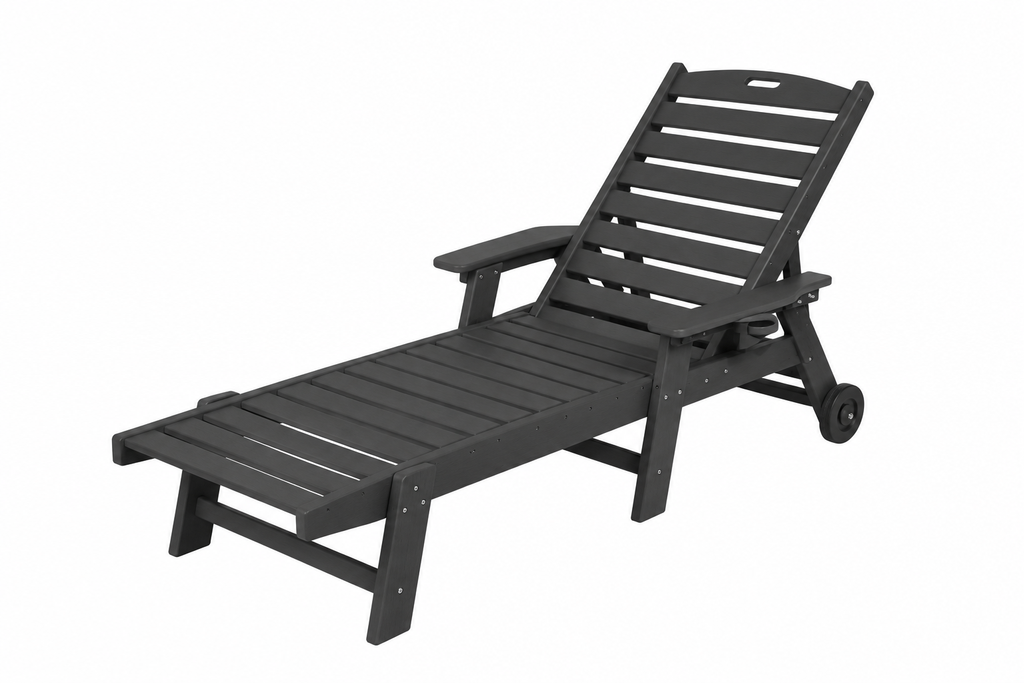 HDPE Chaise Lounge with Wheels and Cup Holder, Black, right-front view on white