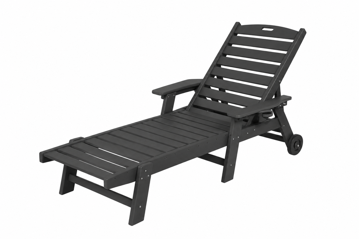 HDPE Chaise Lounge with Wheels and Cup Holder, Black, right-front view on white