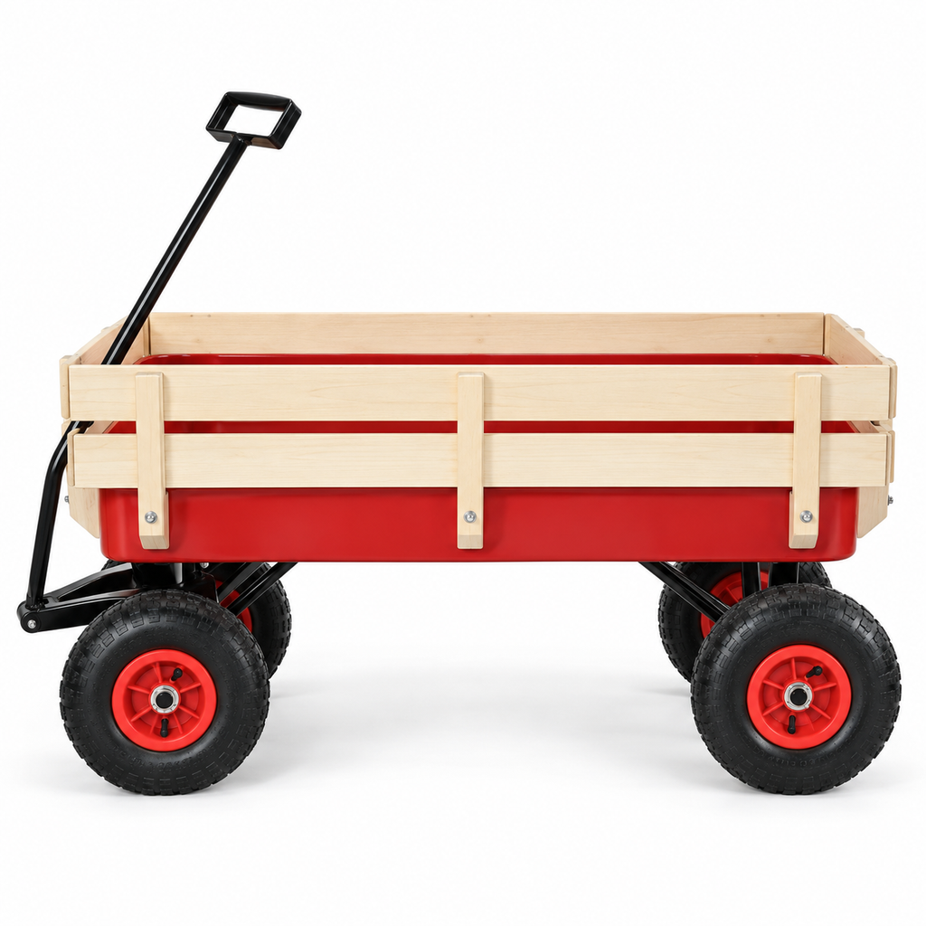 Garden Wagon with Wood Rails and Air Tires, Red, front view on white