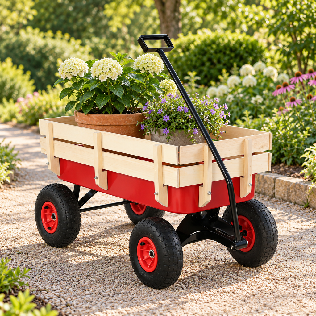 Garden Wagon with Wood Rails and Air Tires, Red, on a garden path with potted plants
