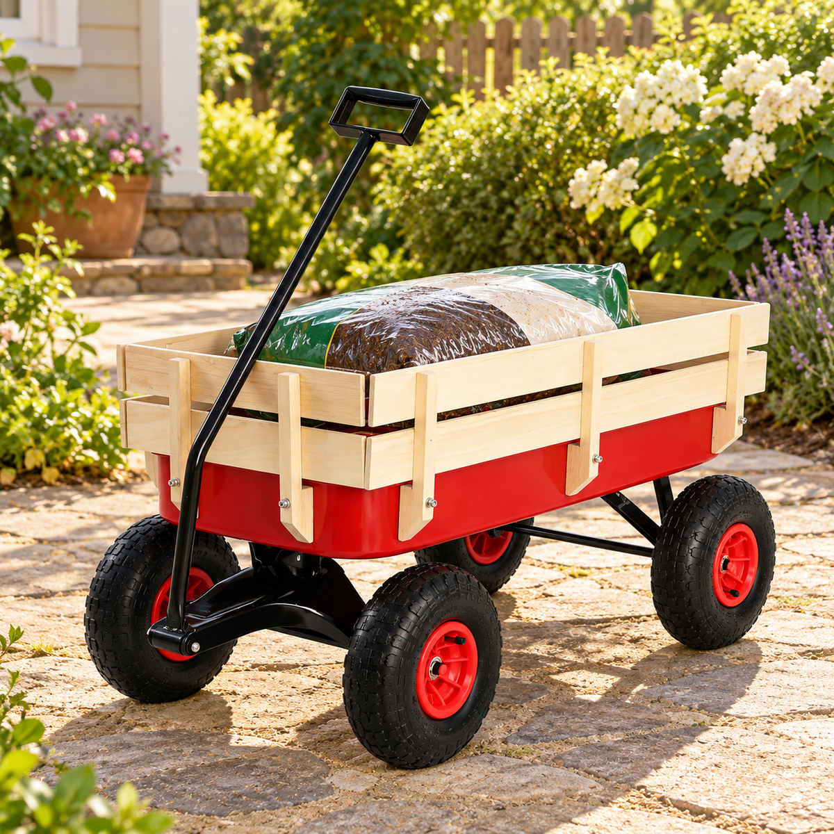 Garden Wagon with Wood Rails and Air Tires, Red, in a cottage yard with potting mix