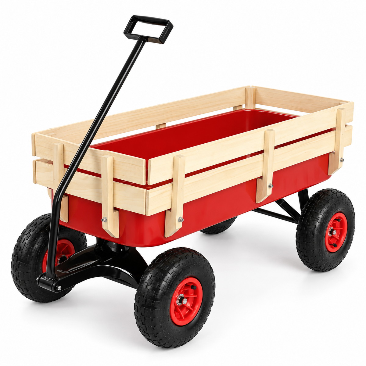 Garden Wagon with Wood Rails and Air Tires, Red, left-front view on white
