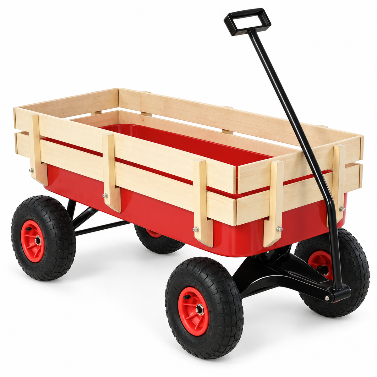 Garden Wagon with Wood Rails and Air Tires, Red, right-front view on white