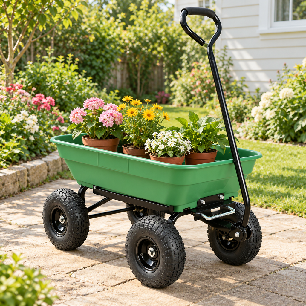 55L Garden Dump Cart with Pneumatic Tires, Green, on a backyard path with plant pots