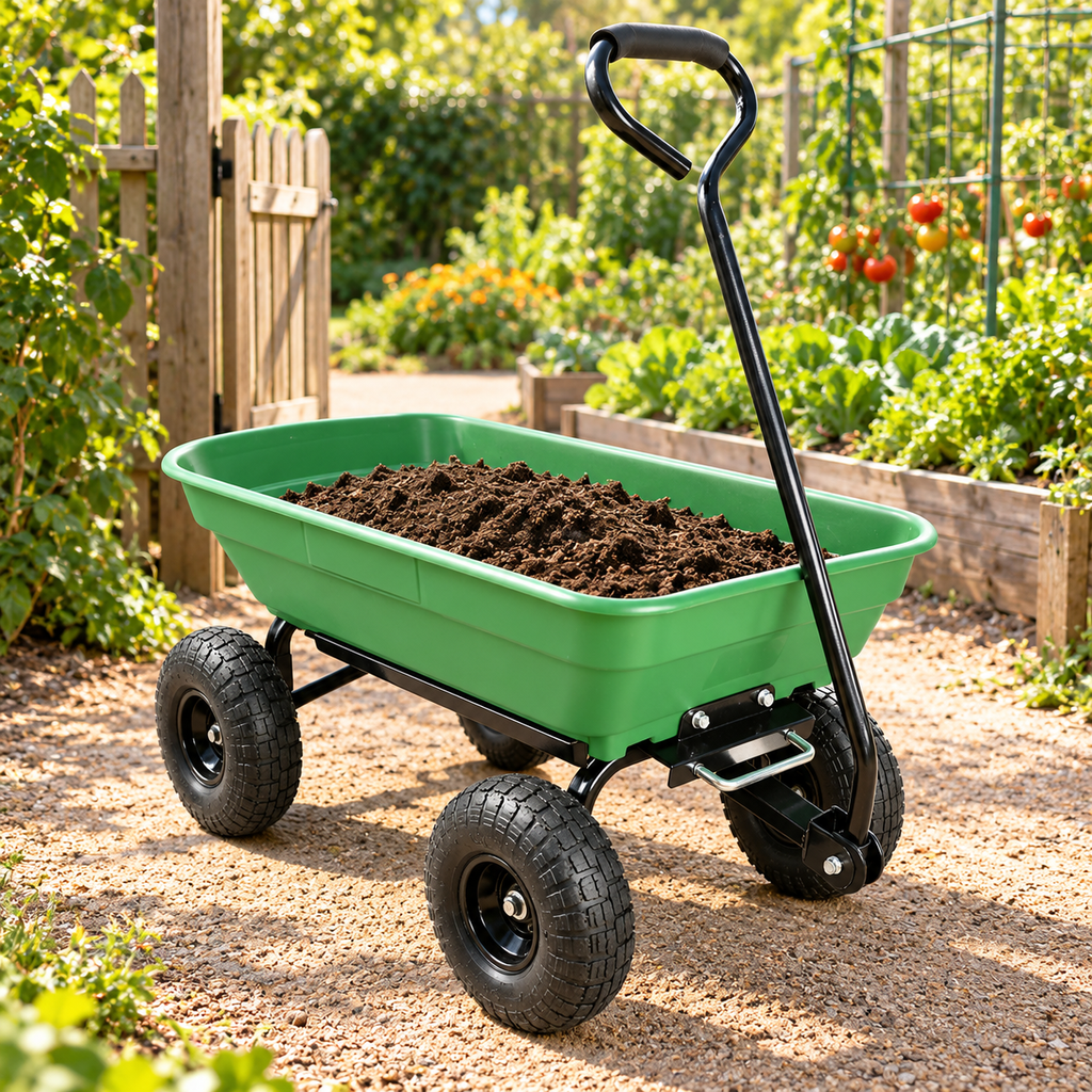 55L Garden Dump Cart with Pneumatic Tires, Green, at a vegetable garden entrance