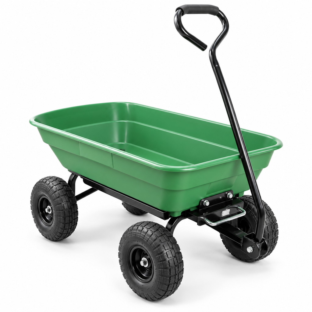 55L Garden Dump Cart with Pneumatic Tires, Green, right-front view on white