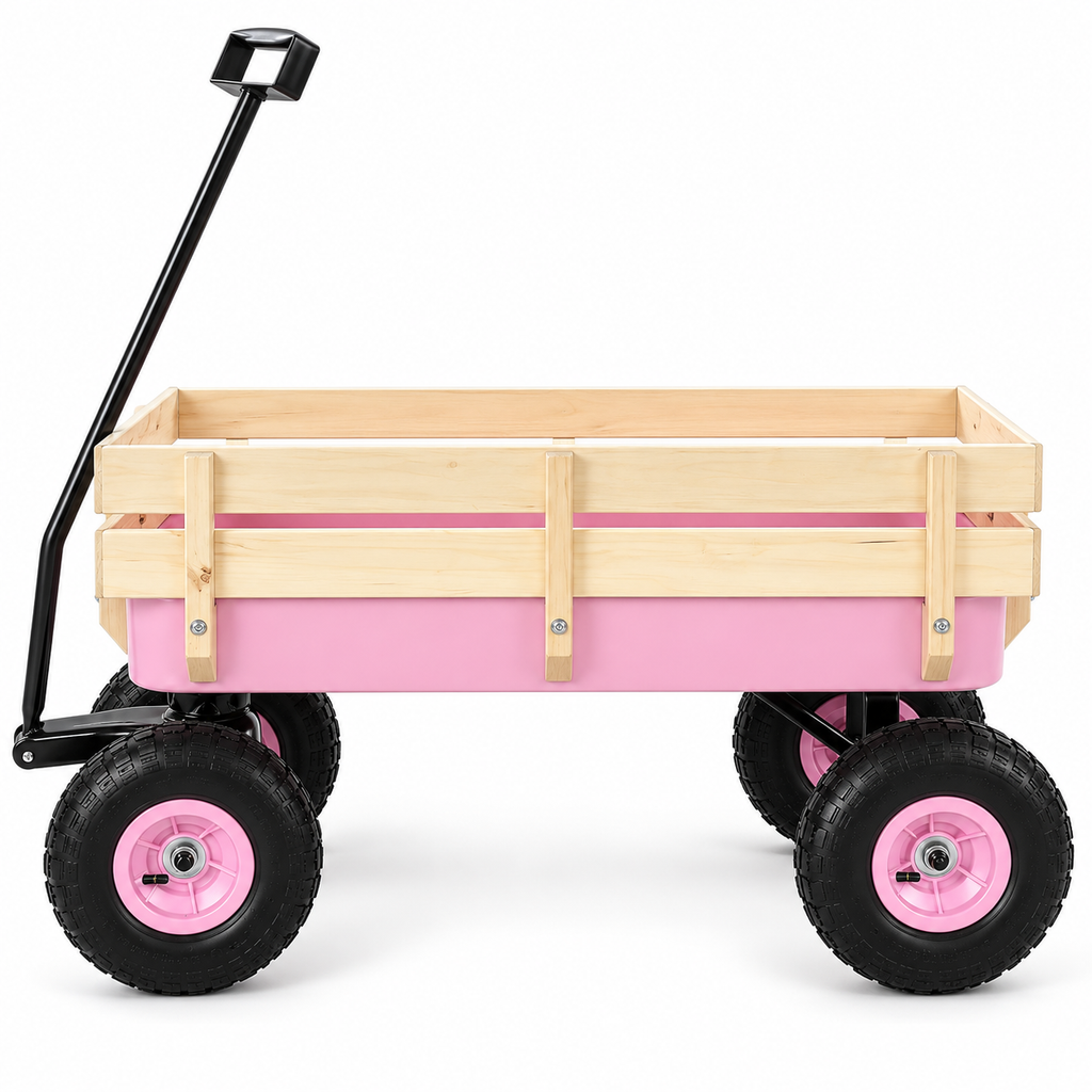 Garden Wagon with Wood Rails and Air Tires, Pink, front view on white