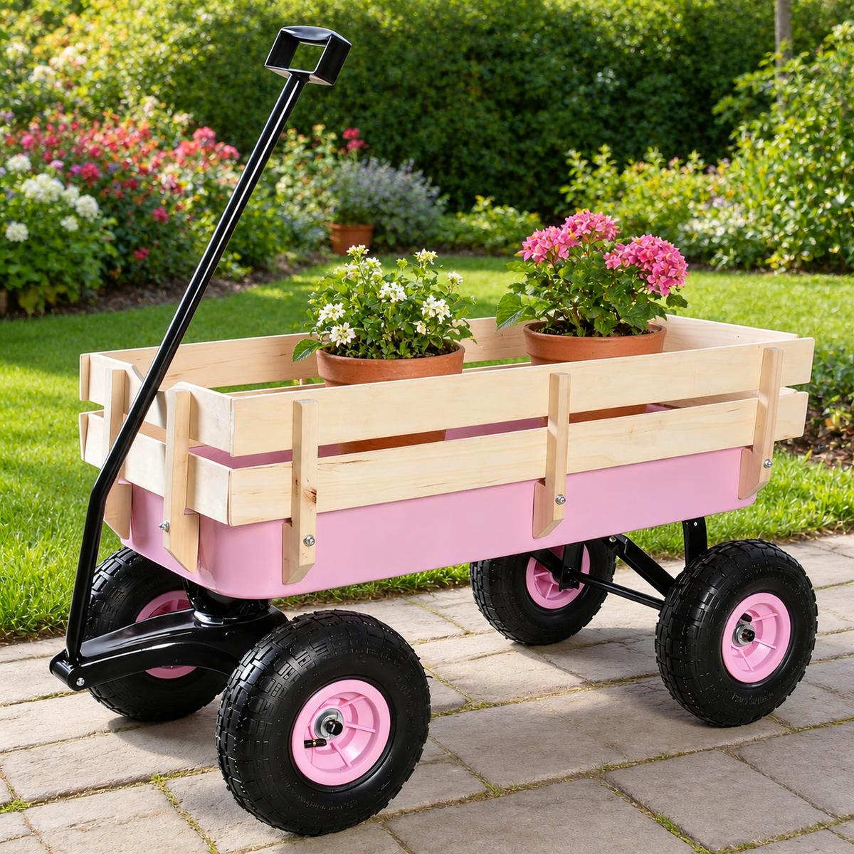 Garden Wagon with Wood Rails and Air Tires, Pink, on a garden path with potted plants