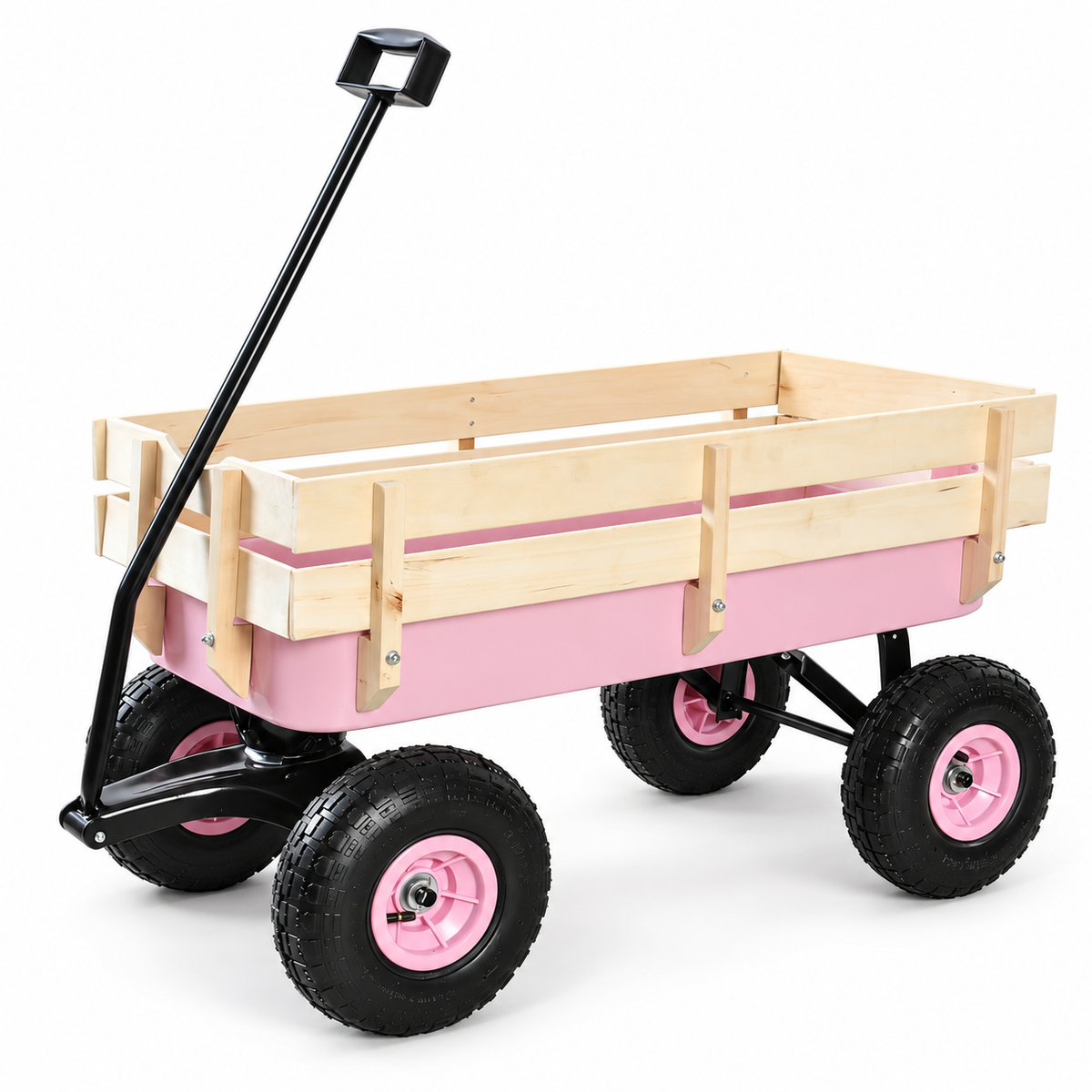 Garden Wagon with Wood Rails and Air Tires, Pink, left-front view on white