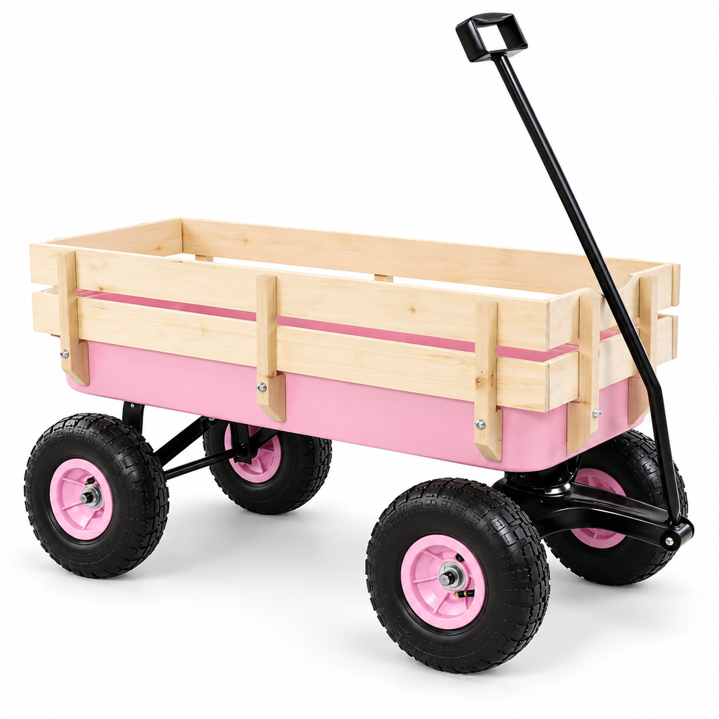 Garden Wagon with Wood Rails and Air Tires, Pink, right-front view on white