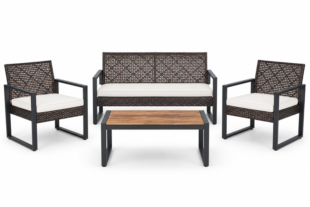4-Piece Wicker Patio Set with Acacia Table, Brown, front view on white