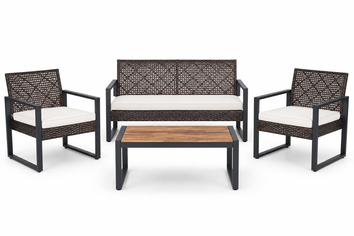 4-Piece Wicker Patio Set with Acacia Table, Brown, front view on white
