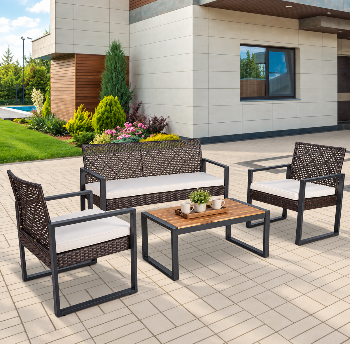 4-Piece Wicker Patio Set with Acacia Table, Brown, on a garden patio