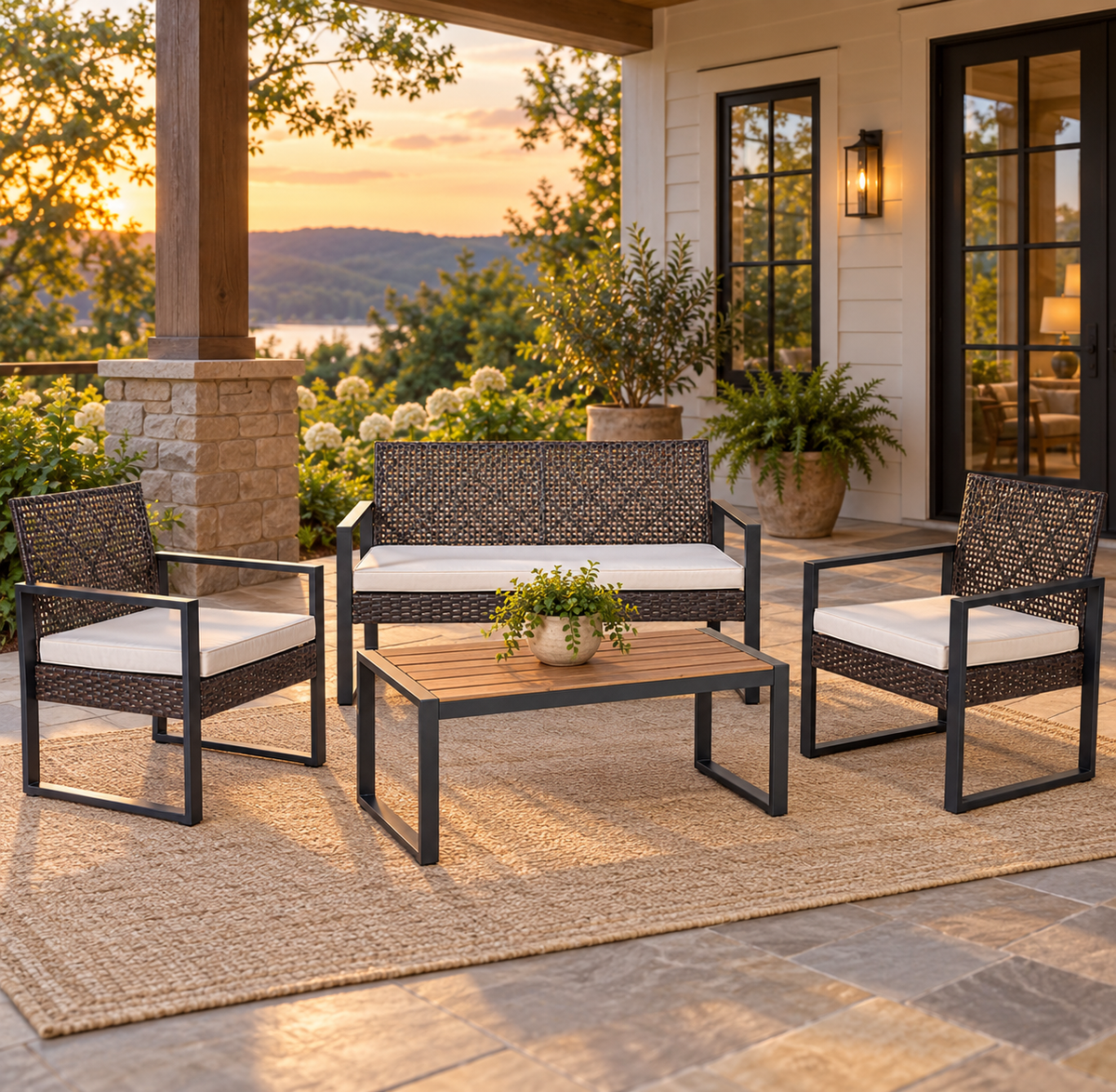 4-Piece Wicker Patio Set with Acacia Table, Brown, on a covered cottage porch