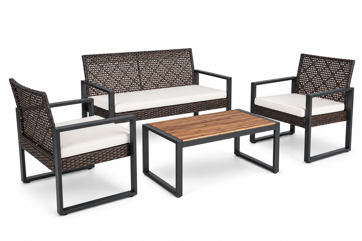 4-Piece Wicker Patio Set with Acacia Table, Brown, left-front view on white