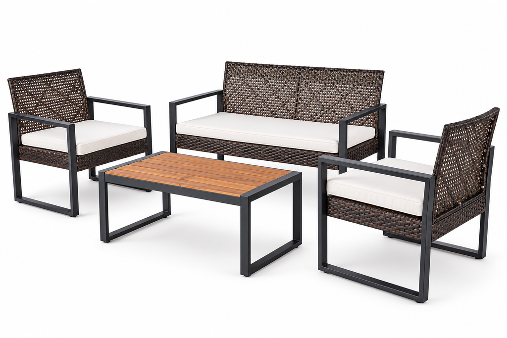 4-Piece Wicker Patio Set with Acacia Table, Brown, right-front view on white