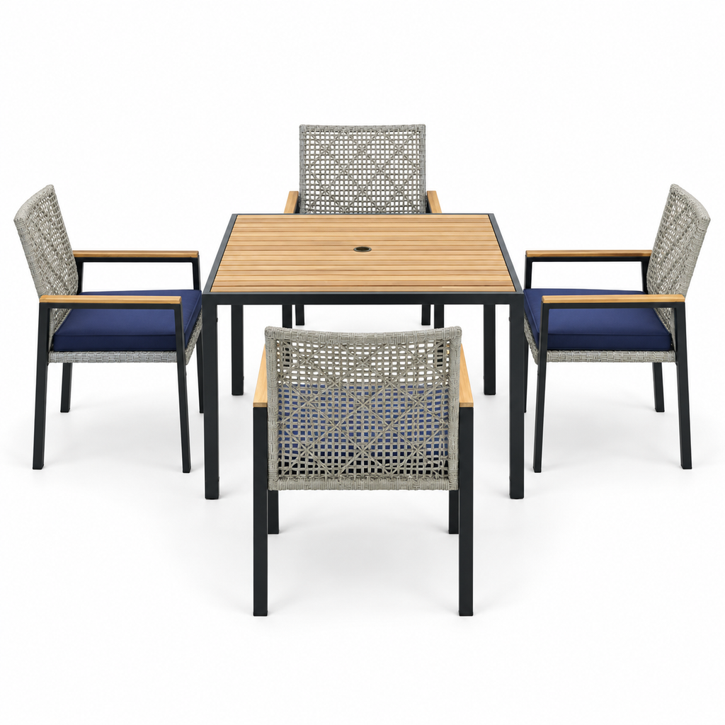 5-Piece Acacia and Wicker Patio Dining Set, Light Gray, front view on white