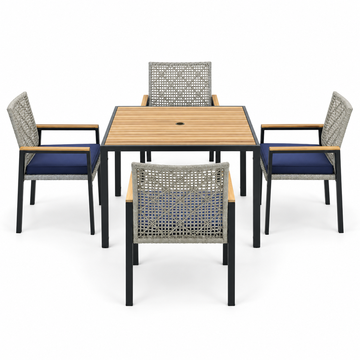 5-Piece Acacia and Wicker Patio Dining Set, Light Gray, front view on white
