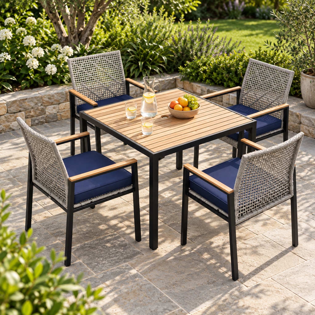 5-Piece Acacia and Wicker Patio Dining Set, Light Gray, on a garden patio