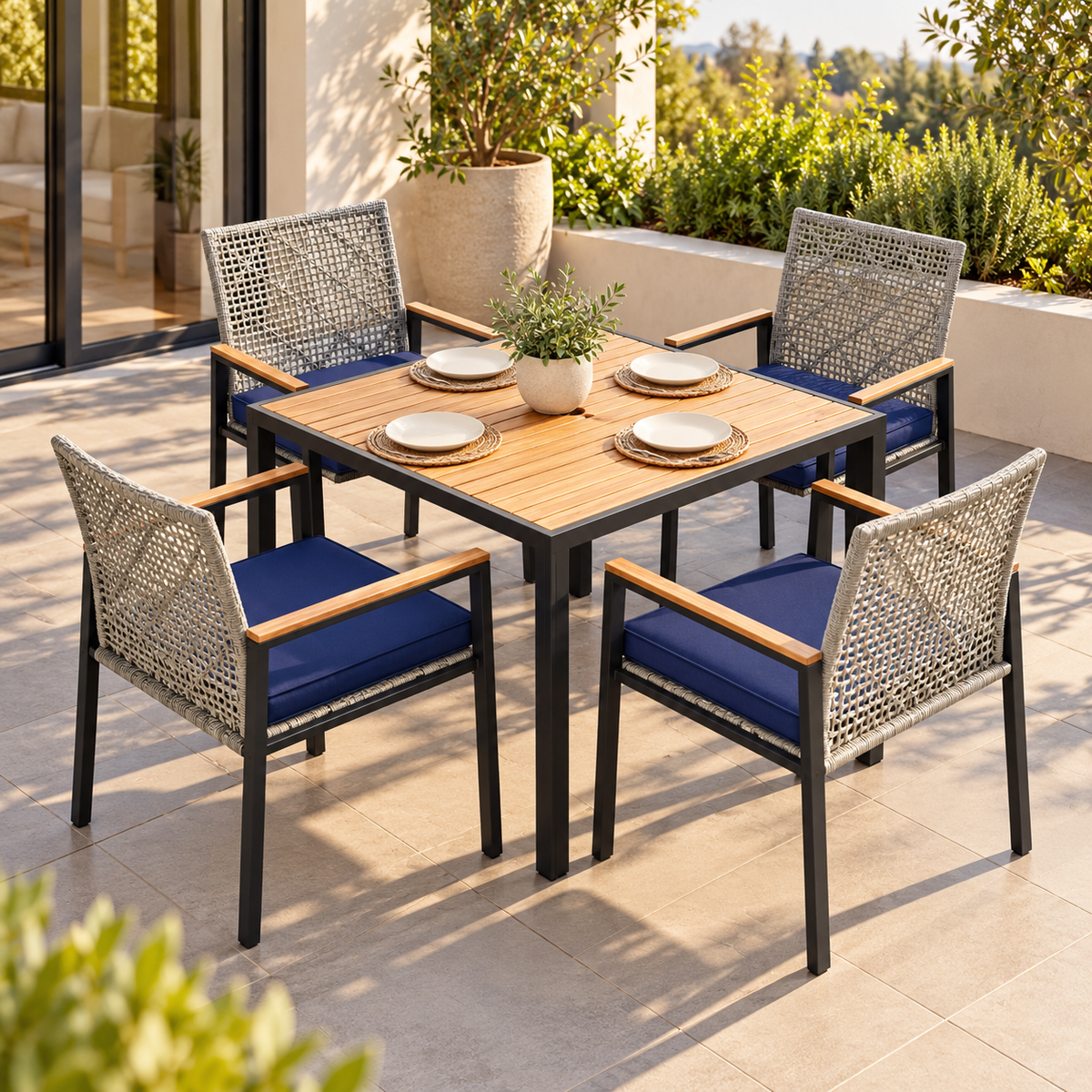 5-Piece Acacia and Wicker Patio Dining Set, Light Gray, on a terrace with a dining setting
