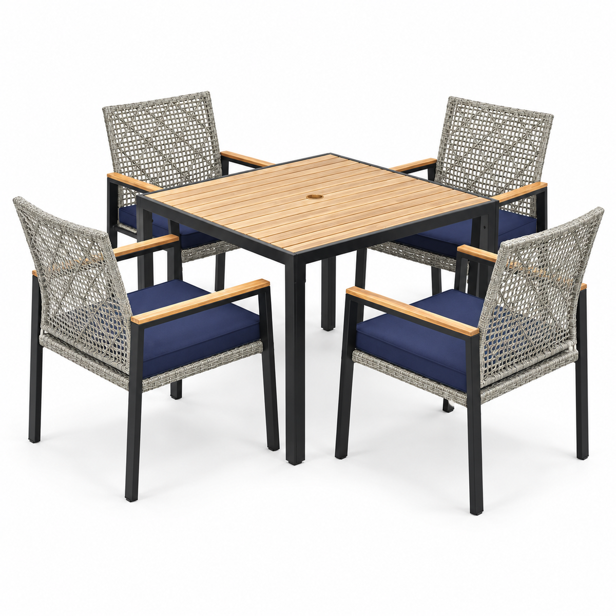 5-Piece Acacia and Wicker Patio Dining Set, Light Gray, left-front view on white