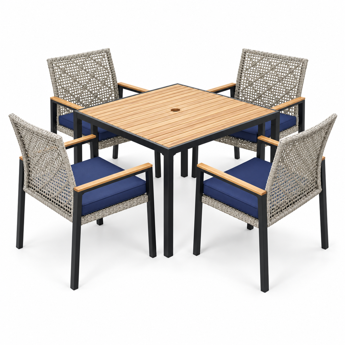 5-Piece Acacia and Wicker Patio Dining Set, Light Gray, right-front view on white