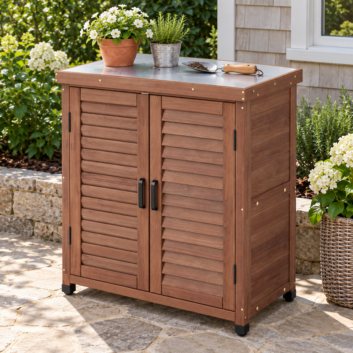 31.5-in. Wood Potting Cabinet with Metal Top, Brown, on a cottage patio with pots on the metal top