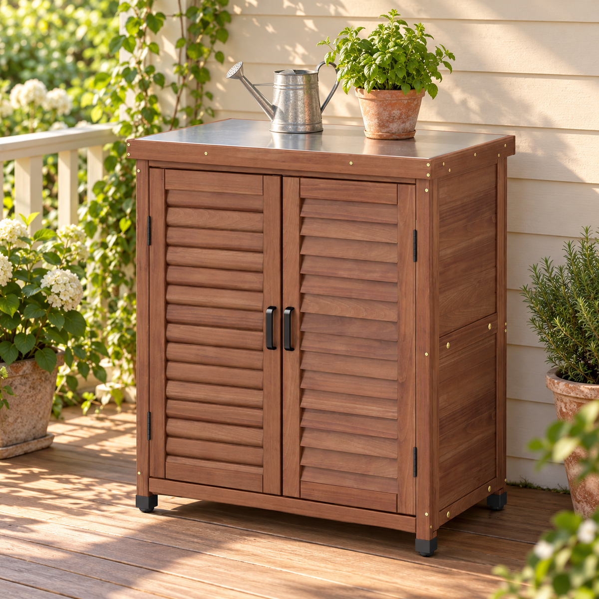 31.5-in. Wood Potting Cabinet with Metal Top, Brown, on a garden porch with a watering can