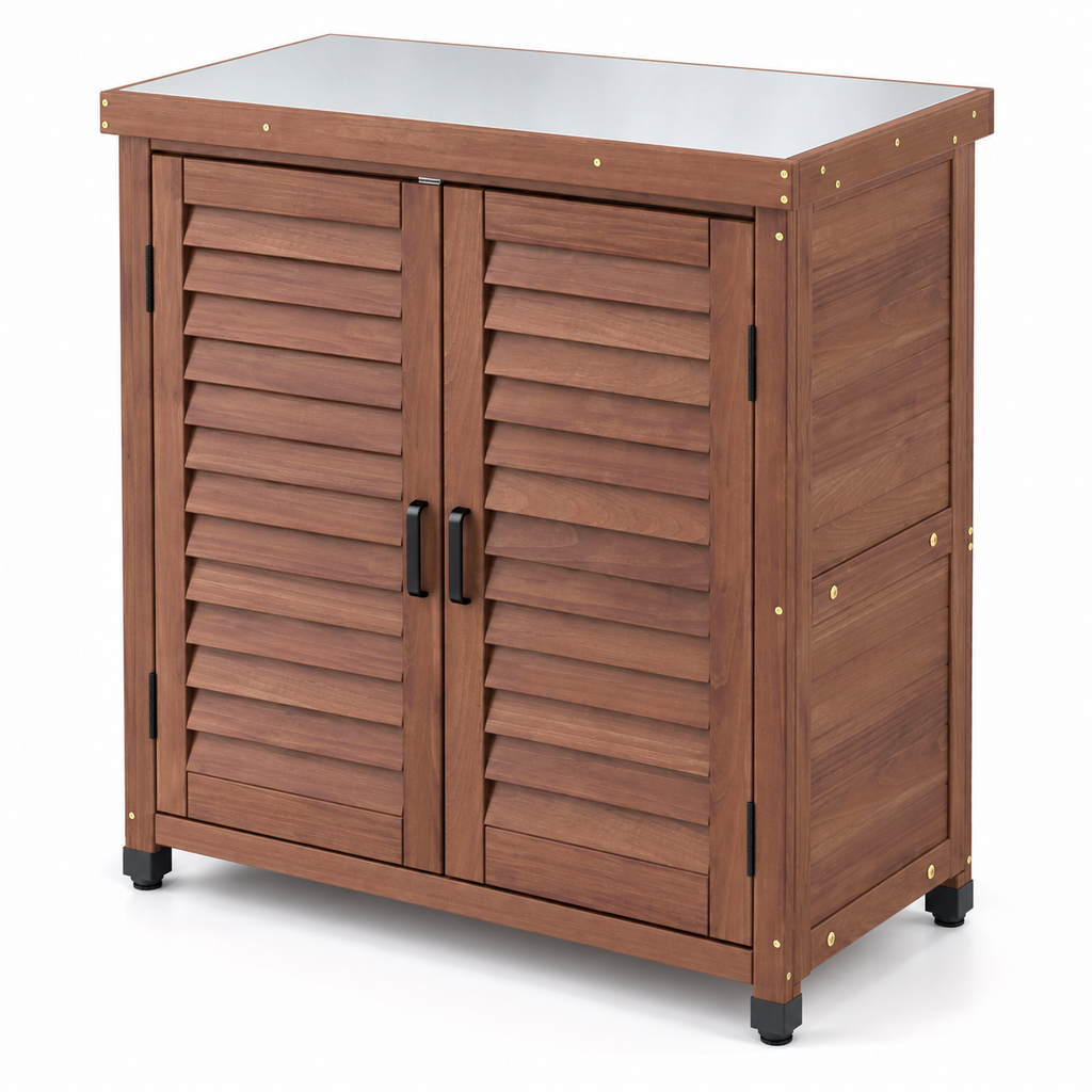 31.5-in. Wood Potting Cabinet with Metal Top, Brown, right-front view on white
