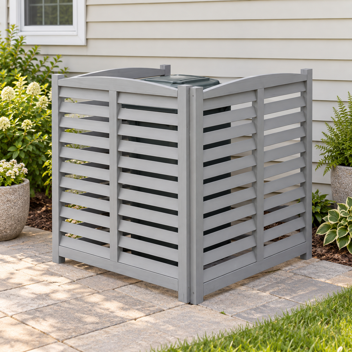 3-Panel Wood Privacy Screen, 32 × 38-in. Panels, Gray, screening a bin on a garden patio