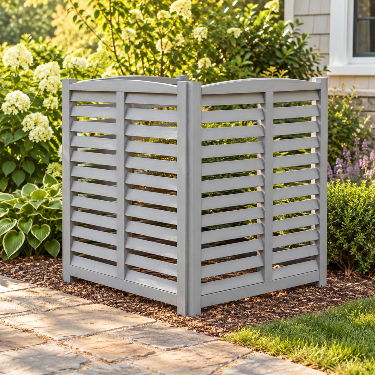 3-Panel Wood Privacy Screen, 32 × 38-in. Panels, Gray, beside a cottage garden path