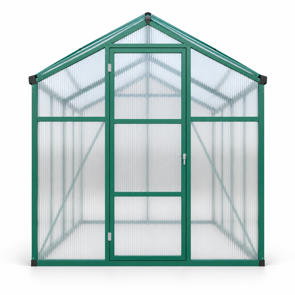 6 × 8-ft. Polycarbonate Greenhouse, Green Aluminum Frame, front view on white