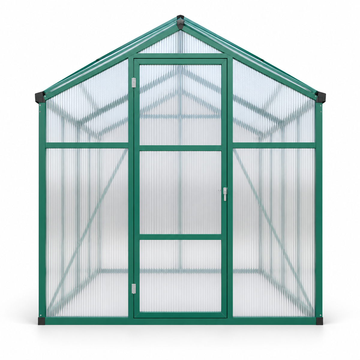 6 × 8-ft. Polycarbonate Greenhouse, Green Aluminum Frame, front view on white