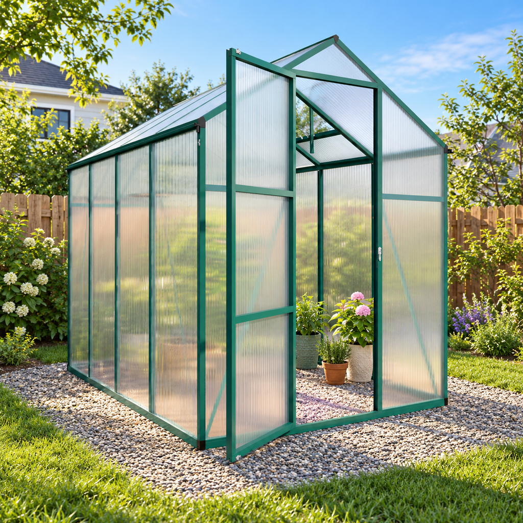 6 × 8-ft. Polycarbonate Greenhouse, Green Aluminum Frame, on a backyard gravel base with plants inside