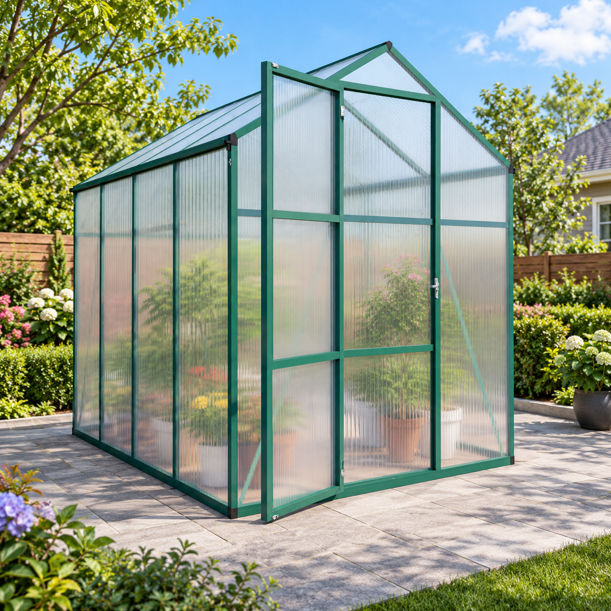6 × 8-ft. Polycarbonate Greenhouse, Green Aluminum Frame, on level garden paving