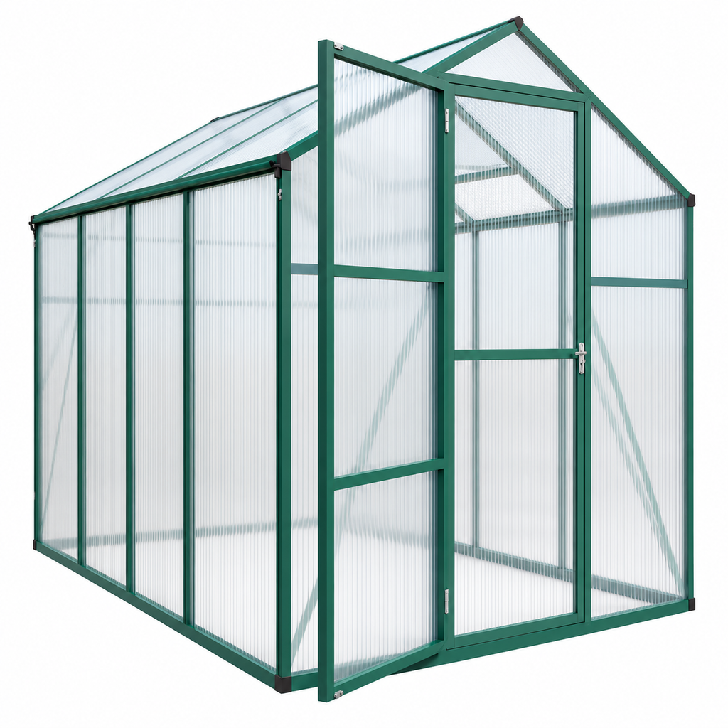6 × 8-ft. Polycarbonate Greenhouse, Green Aluminum Frame, left-front view on white