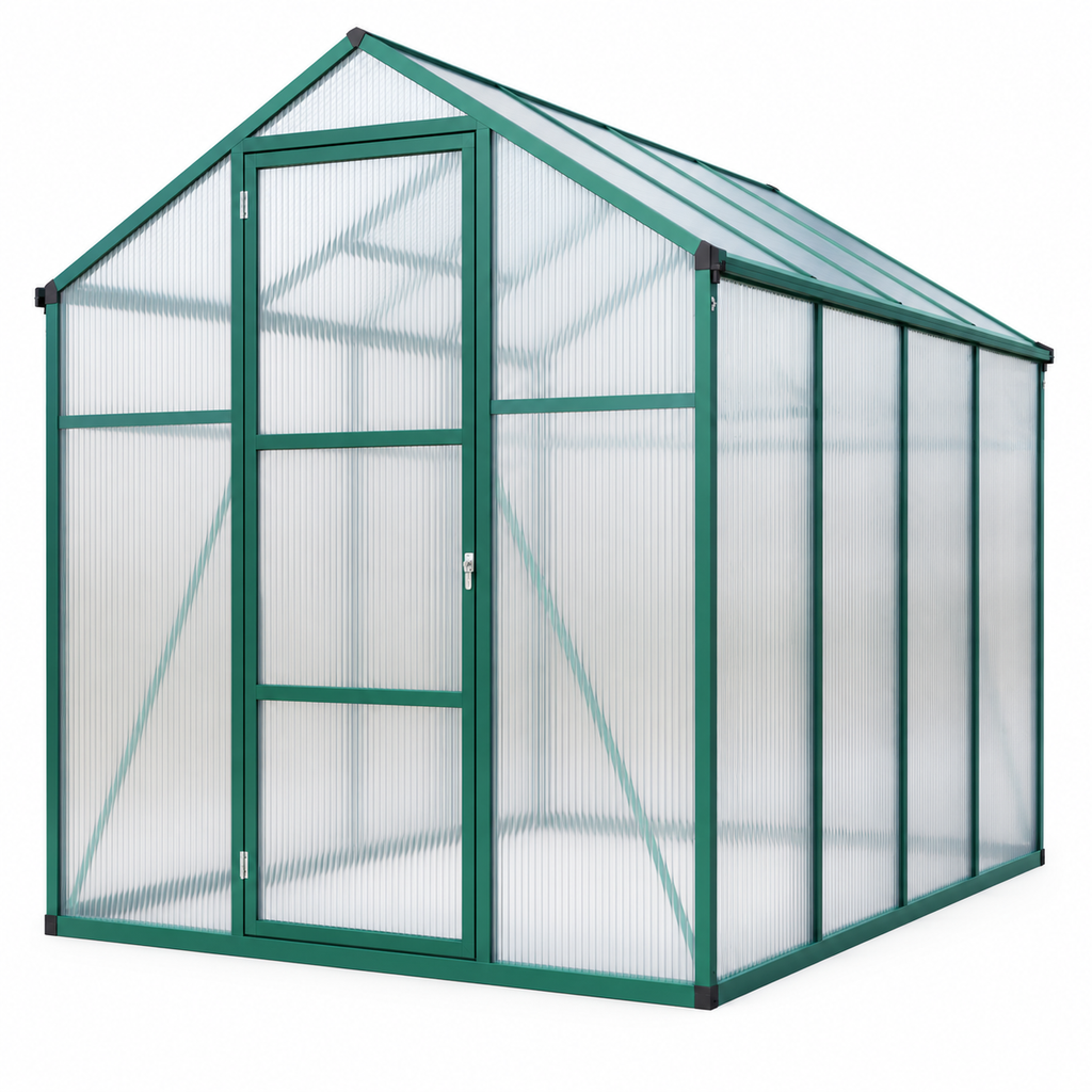 6 × 8-ft. Polycarbonate Greenhouse, Green Aluminum Frame, right-front view on white