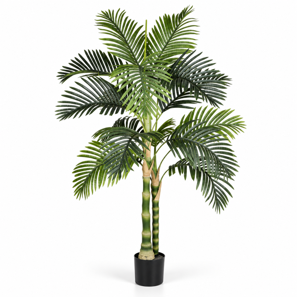5-Foot Artificial Golden Cane Palm Tree with Pot, front view on white
