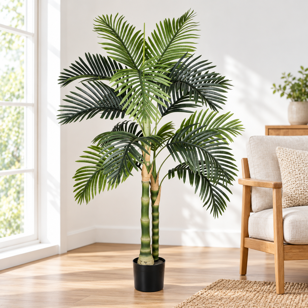 5-Foot Artificial Golden Cane Palm Tree with Pot, beside a chair in a living room