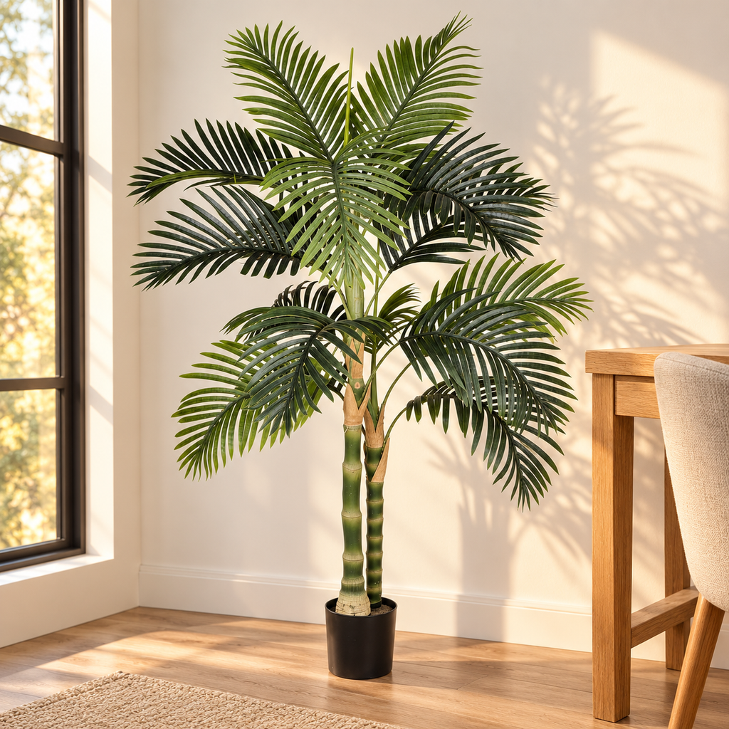 5-Foot Artificial Golden Cane Palm Tree with Pot, beside a desk in a home office