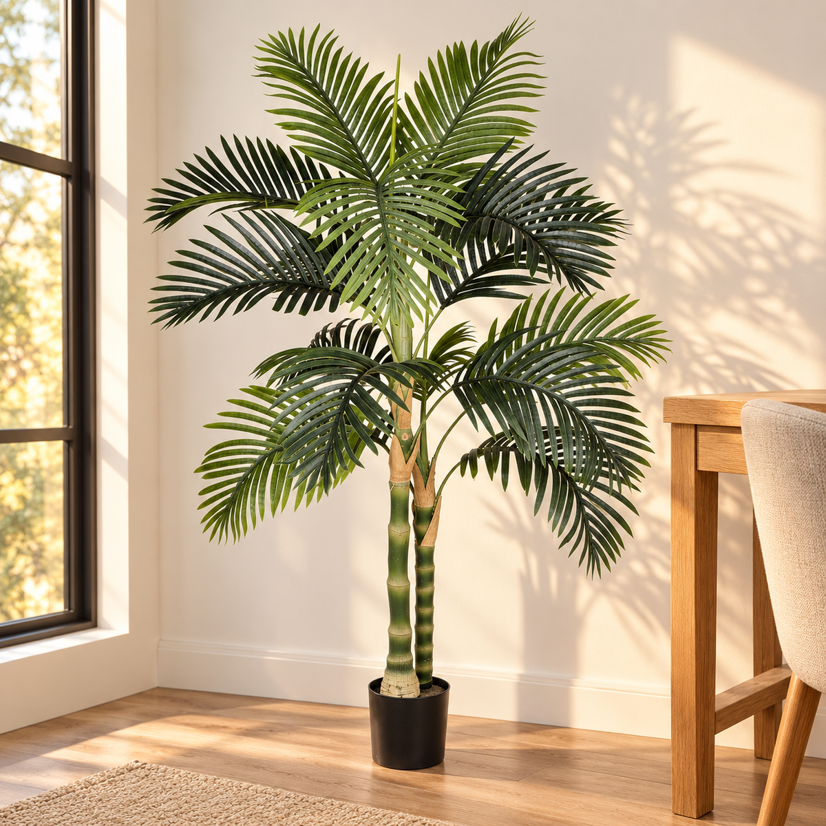 5-Foot Artificial Golden Cane Palm Tree with Pot, beside a desk in a home office