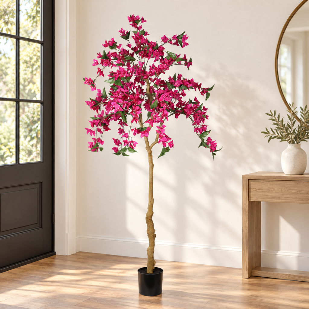 6-Foot Artificial Bougainvillea Tree, Dark Pink, in an entry hall