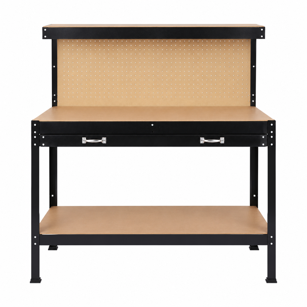 48-Inch Steel Workbench with Drawer and Pegboard, front view on white