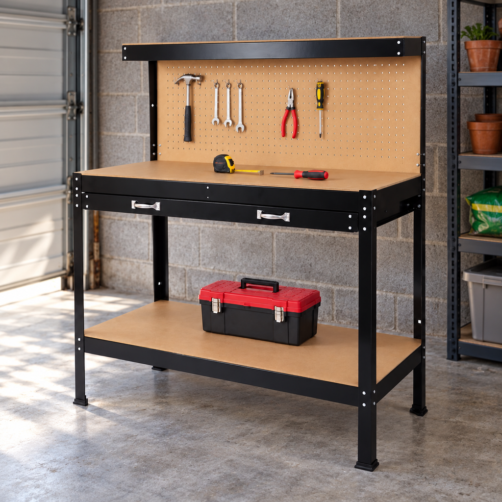 48-Inch Steel Workbench with Drawer and Pegboard, in a home garage