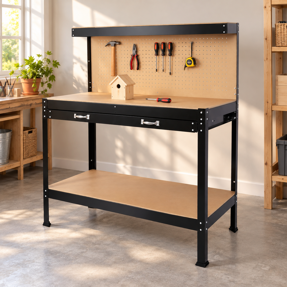 48-Inch Steel Workbench with Drawer and Pegboard, in a craft workshop